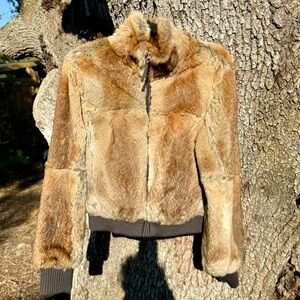 Vintage June brown rabbit fur reversible jacket with high collar and 2 pockets M